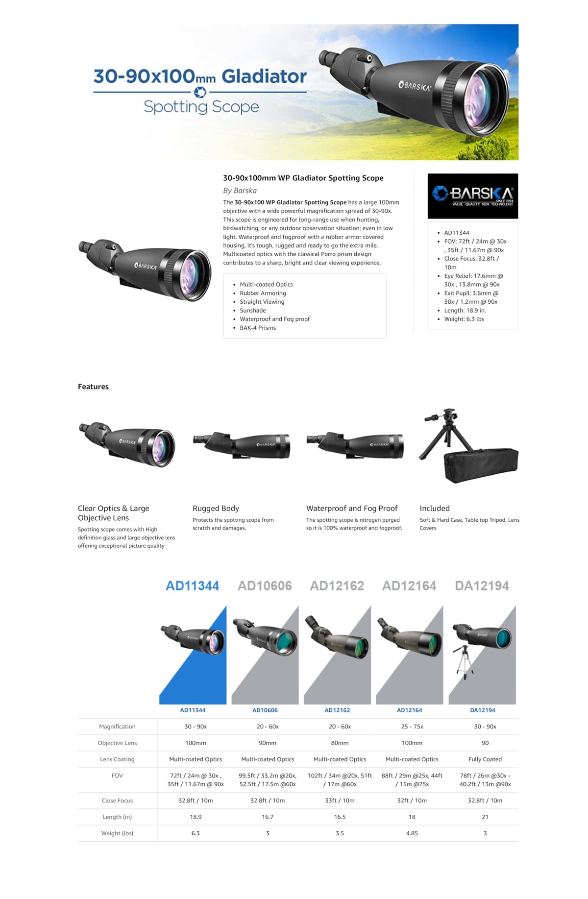 3-90 x 100mm Spotting Scope Monocular Porro Prisms Waterproof Fog-Proof with Tripod and Case by Barska – 3-90 x 100mm, Model 4352083317