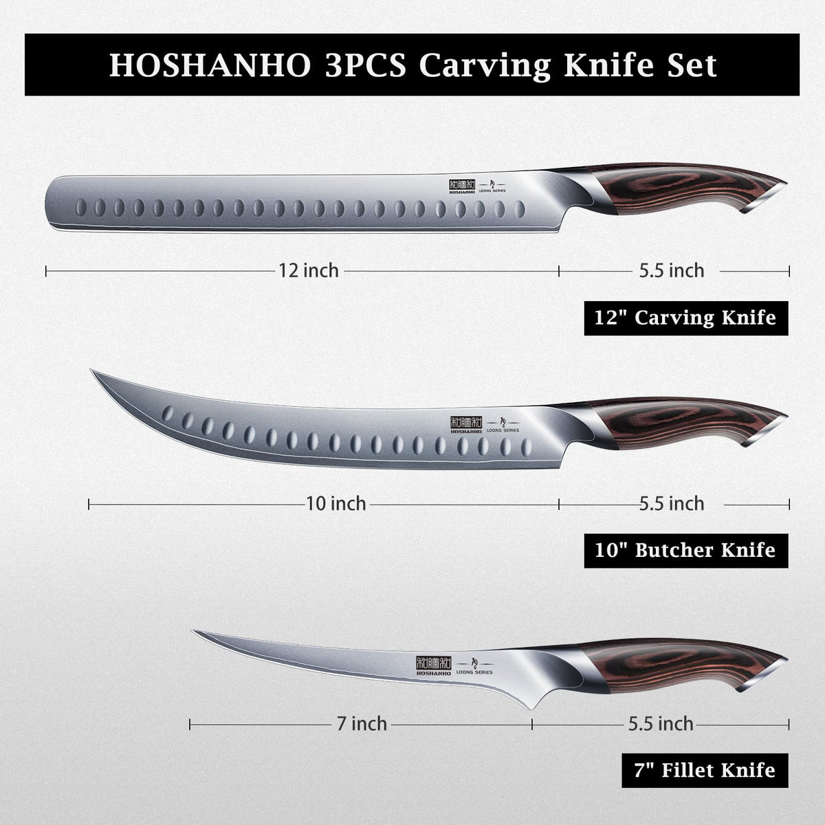 HOSHANHO Butcher Knife Set, 3 Piece High Carbon Steel, Silver