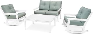 Polywood Vineyard 4-Piece Deep Seating Rocking Chair Set in White/Spa