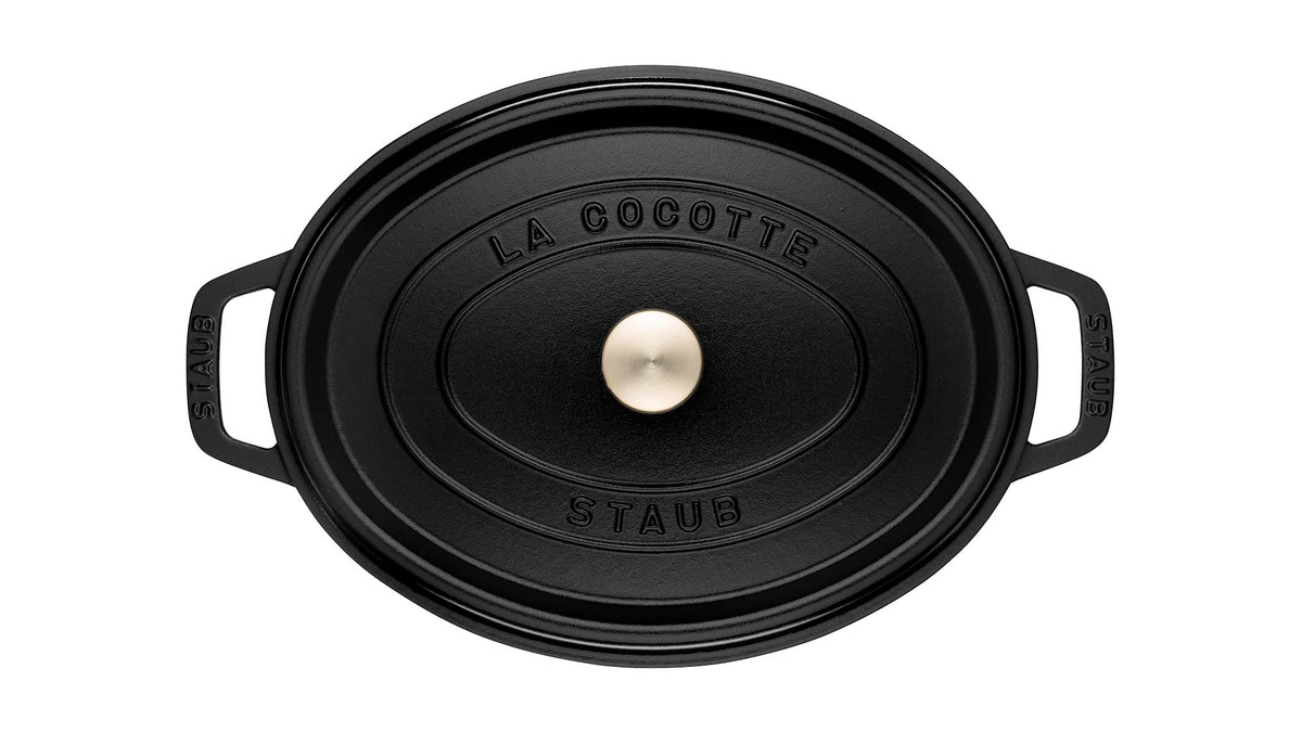 12.75 Quart Oval Cocotte by STAUB – 41cm, 11.73 liters, Cast Iron, 01) Black, Model 1004074