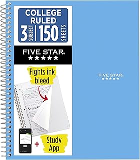 Five Star Spiral Notebook + Study App, 3 Subject, College Ruled Paper, 8.5" x 11", 150 Sheets, Blue (Color May Vary) (820003NH0)
