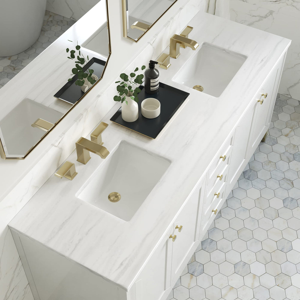 305-V72-3AF Chicago 72" Free Standing or Wall Mounted Double Basin Poplar Wood Vanity Set with 3 cm Arctic Fall Solid Surface Vanity Top and Rectangular Sinks - Whitewashed by