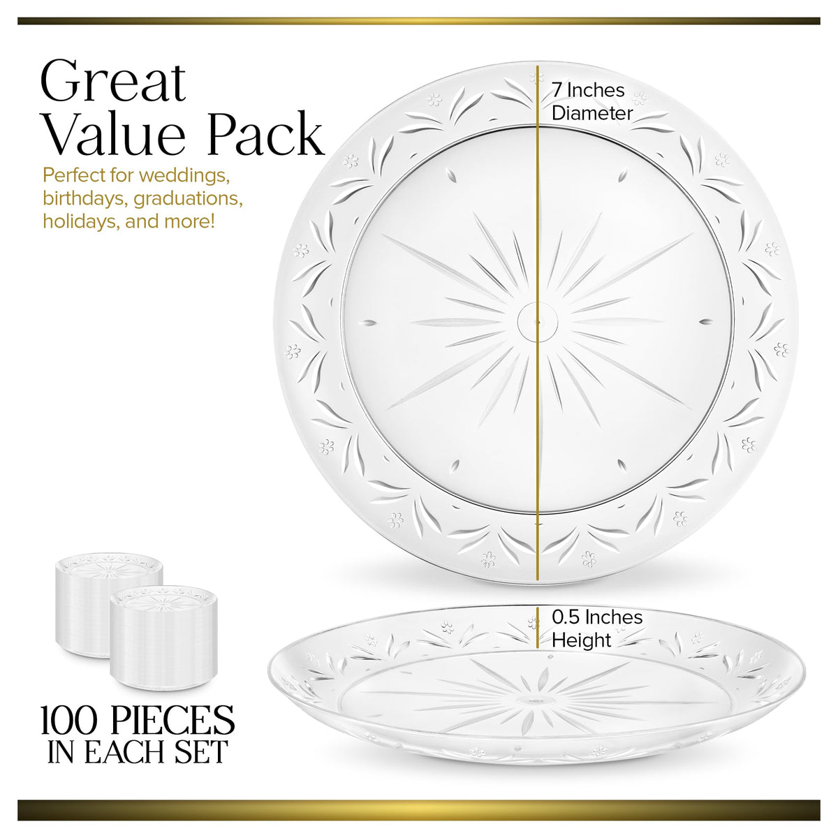 100 Count Premium Clear Plastic Plates 7" Inch Small Appetizer by Stock Your Home – 7 Inch, Plastic, Clear, Pack of 100, Model SYH-3692-QV-4CT