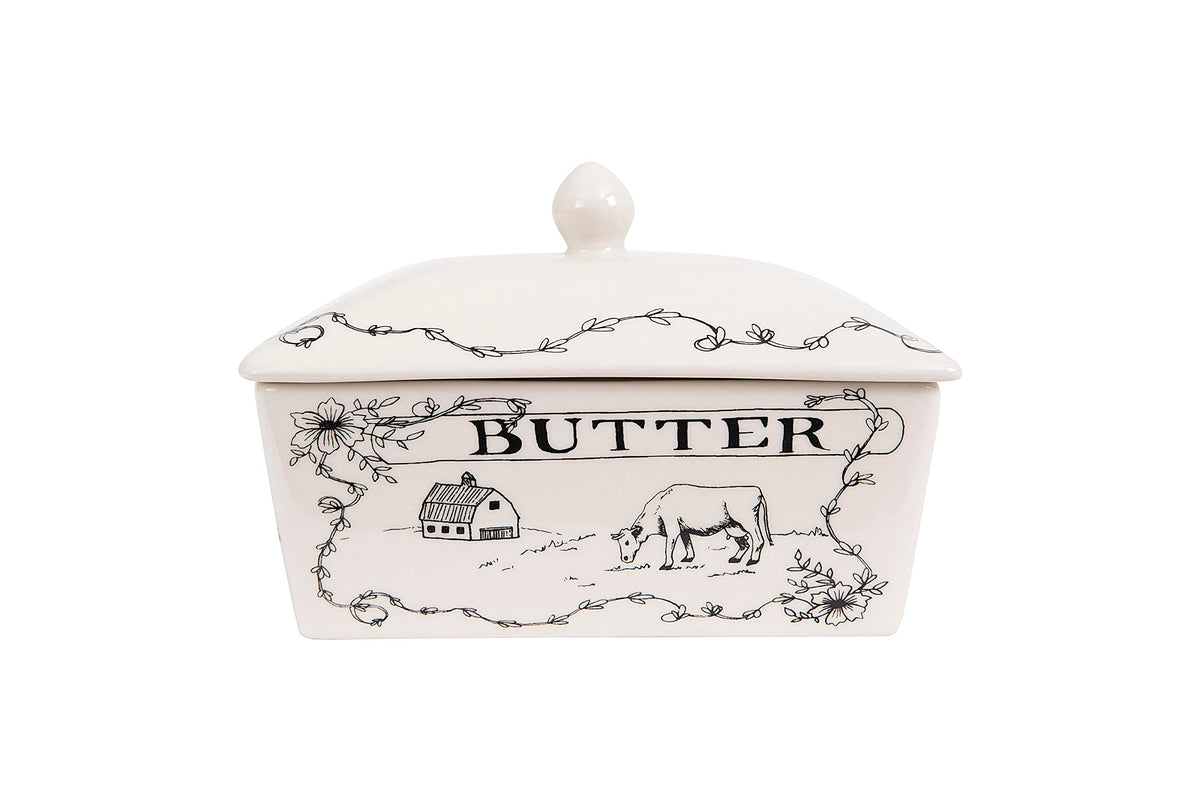 Creative Co-Op Stoneware Butter Dish, Spread The Love Farm Design, White And Black