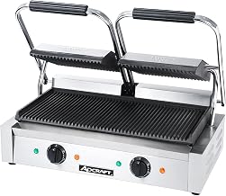 Adcraft Double Sandwich Grill with Dual Grooved Cast Iron Plates, Large 19" x 9.25" Cooking Surface, Adjustable Thermostat (120°-570°F), and Durable Stainless Steel Construction, Silver