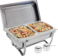 Sterno Foldable Frame Stainless Steel Chafing Dish Buffet Set, 8 Quart, Silver | Foldable frame, lid, water pan, 2 food pans, 2 fuel holders, 8 qt capacity