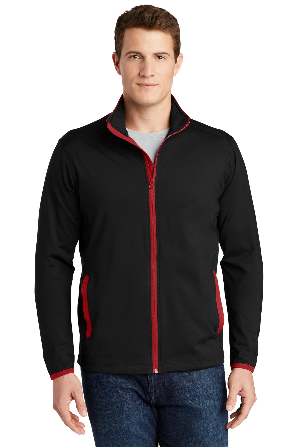 Unisex Sport-Wick Stretch Contrast Full Zip Jacket by SPORT-TEK – X-Small, Black/ True Red, Model ST853