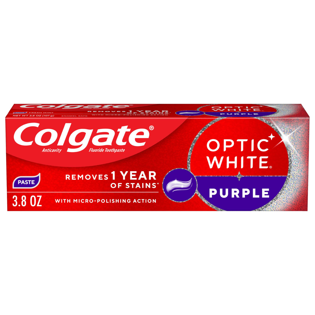 Optic White Purple Fluoride Toothpaste by Colgate – 3.8 Ounce (Pack of 1), Purple, Model 61052438