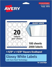Avery Glossy White Square Scalloped Labels, Sure Feed® Technology, 1-5/8" x 1-5/8", 2,000 Glossy White Labels, Print-to-The-Edge, Permanent Adhesive, Laser/Inkjet Printable