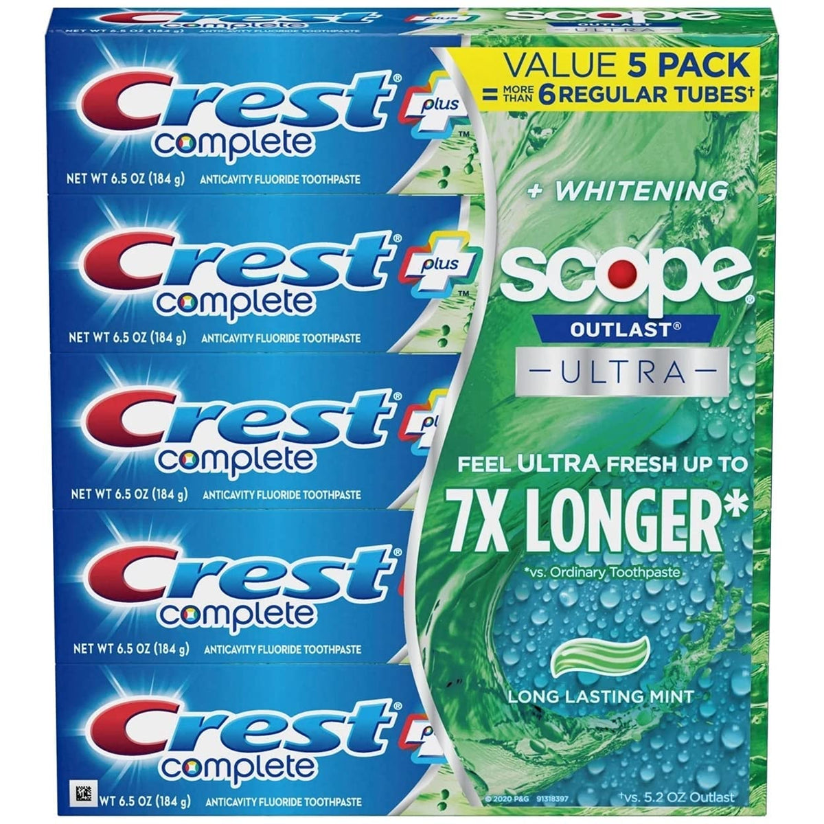 Complete Whitening + Scope Toothpaste by Crest – 6.5 Ounce (Pack of 5), Pack of 5, Model 980280452