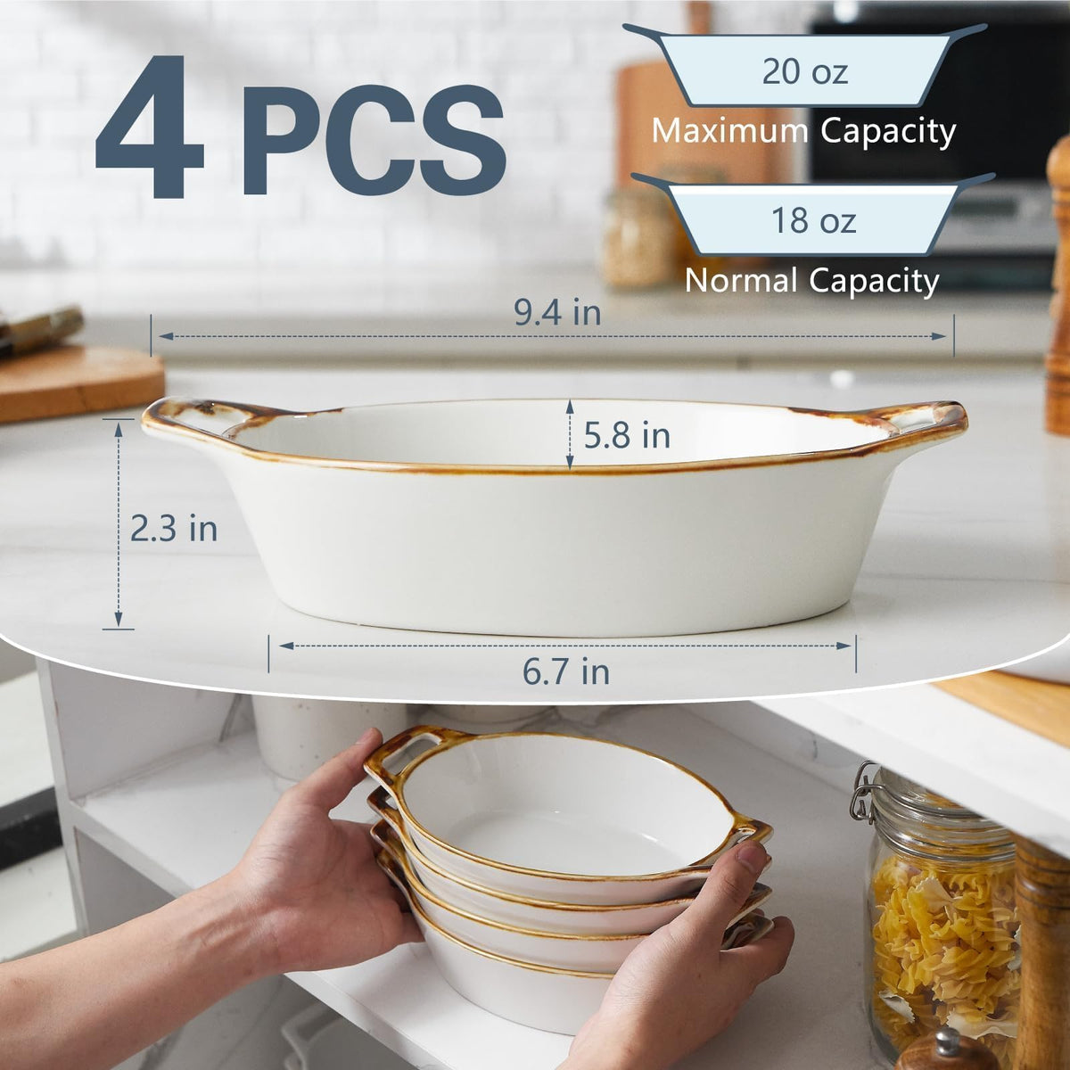 ONEMORE Oval Ceramic Au Gratin Dishes, 20 oz, Set of 4, Creamy White