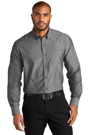 Men's Long Sleeve Chambray Easy Care Button-Down Shirt by Port Authority – Polyester,Cotton, Deep Black, Model W382