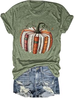 Halloween Shirts for Women Book Pumpkin Tshirt Short Sleeve Tops