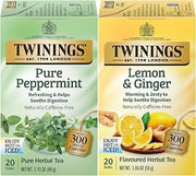 Twinings Tea Variety 2-Pack – Pure Peppermint + Lemon & Ginger, Naturally Caffeine-Free Herbal Tea Bags, Individually Wrapped, 20 Count Each