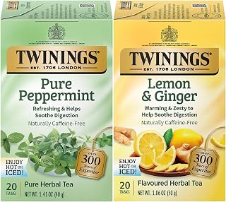 Twinings Tea Variety 2-Pack – Pure Peppermint + Lemon & Ginger, Naturally Caffeine-Free Herbal Tea Bags, Individually Wrapped, 20 Count Each