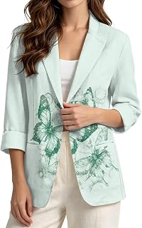 Suit Blazer for Women, 3/4 Sleeve Cardigan Linen-Like Blazer