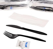 AmerCareRoyal 5-in-1 Disposable Silverware Medium Weight Plastic Utensil Set with Fork, Knife, Salt & Pepper Packets, 12x13 inch Napkin - Individually Wrapped Cutlery Meal Kit, Black, Case of 500