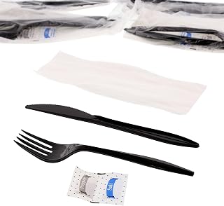 AmerCareRoyal 5-in-1 Disposable Silverware Medium Weight Plastic Utensil Set with Fork, Knife, Salt & Pepper Packets, 12x13 inch Napkin - Individually Wrapped Cutlery Meal Kit, Black, Case of 500