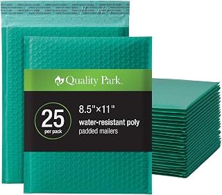 Quality Park Bubble Mailers, 8.5 x 11, Turquoise Poly Mailers, Padded Envelopes, Shipping Bags, Water Resistant, Self Seal, 25 Per Box (QUA85914)