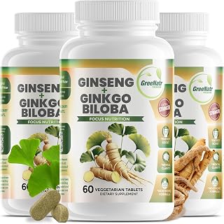 Ginko Biloba & Panax Ginseng Supplement - Red Ginseng Brain Supplement | Supports Memory and Focus. Ginkgo Biloba Supplements for Good Vision, Immune System and Improved Blood Flow - 3 Bottles