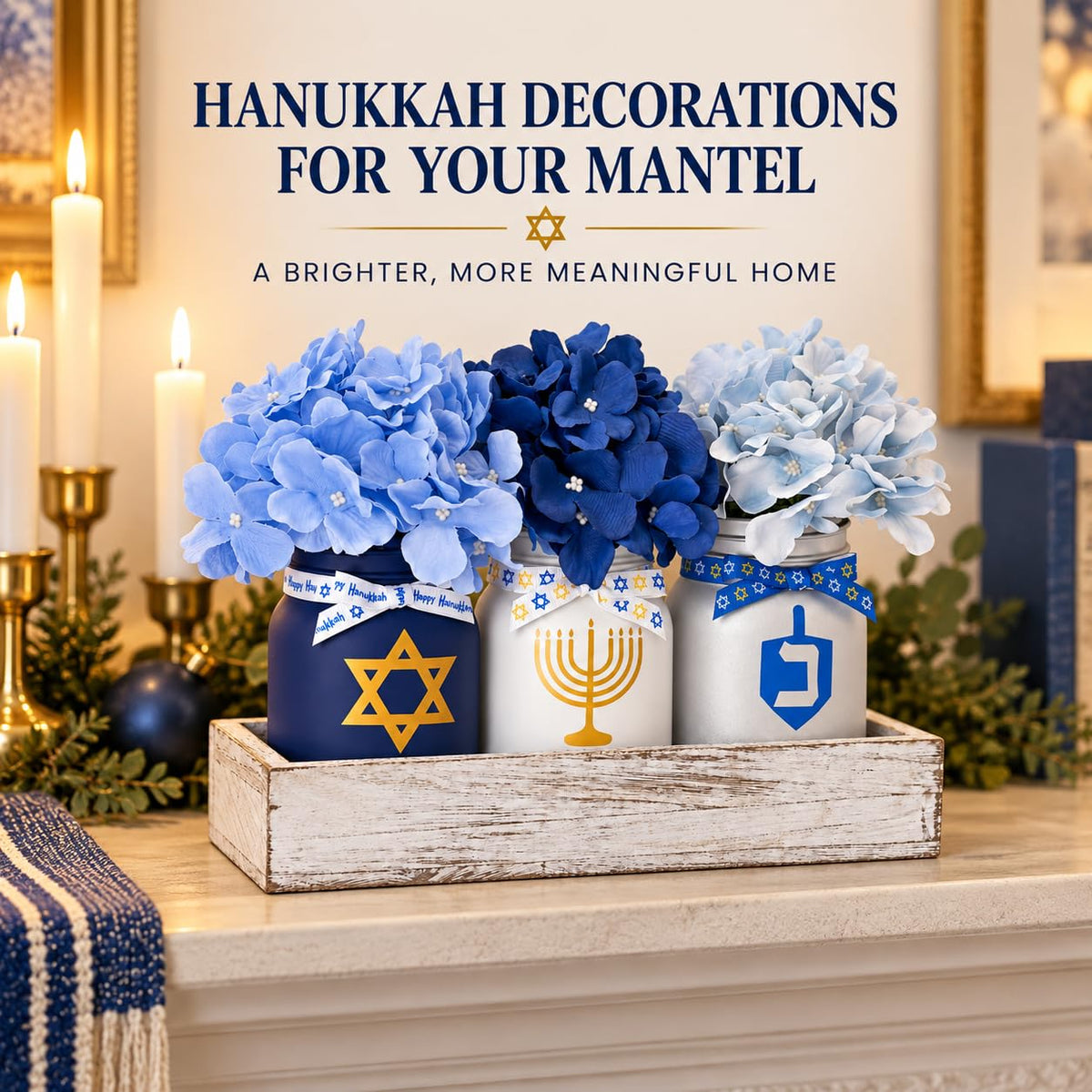 Kivivo Hanukkah Mason Jar Set, Blue Glass with Tray and Flowers