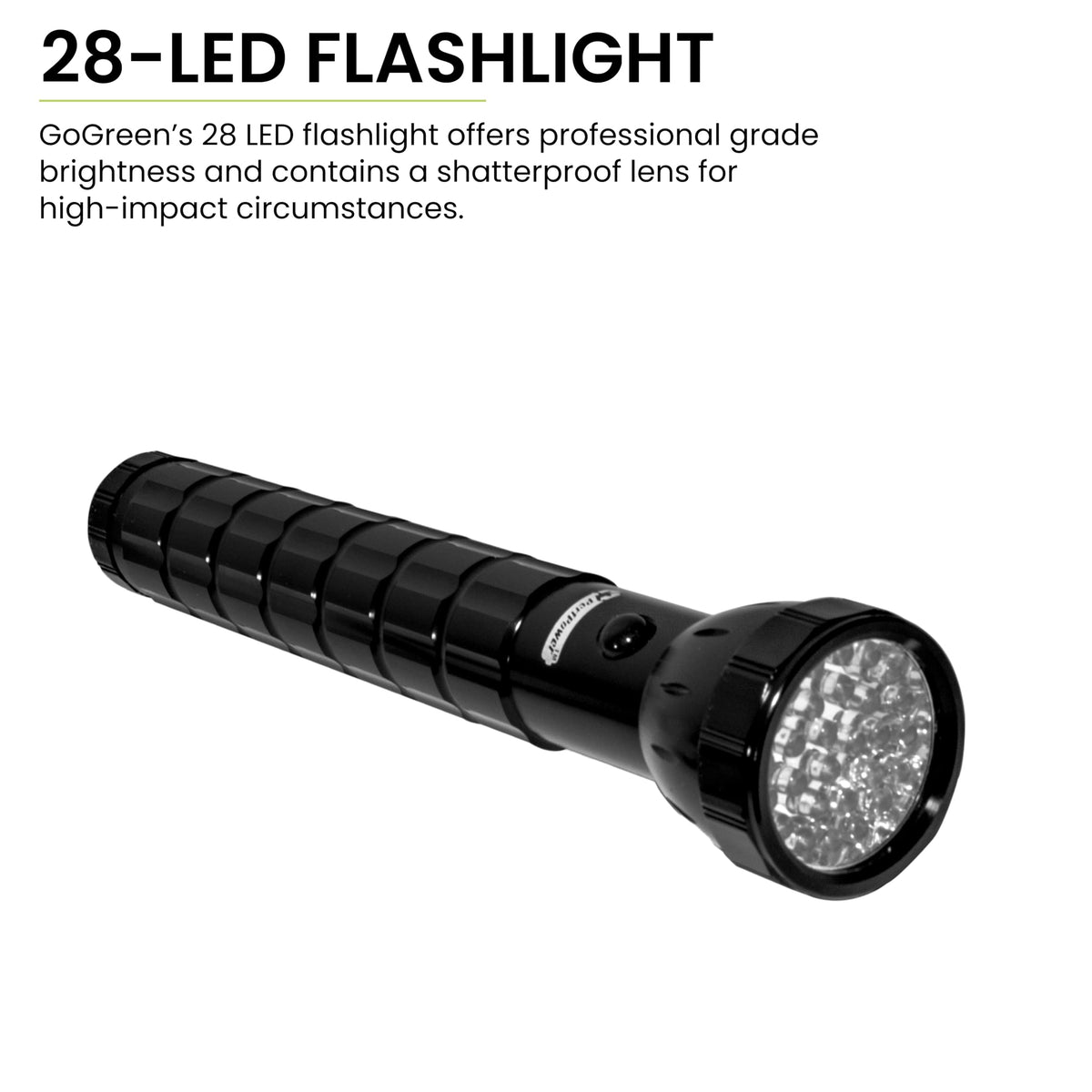 GoGreen Power () 28 LED OmegaBeam Flashlight by Power By GoGreen – 4.5"L x 12.5"W x 2"H, Aluminum, Black, Model GG-113-28BK