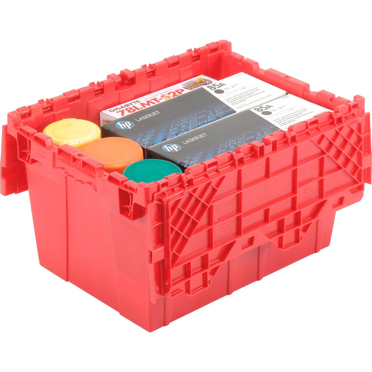 Plastic Distribution Container With Hinged Lid by Global Industrial – 21-7/8x15-1/4x12-7/8, 1.7 cubic_feet, Plastic, Red, Model DC-2115-12RED