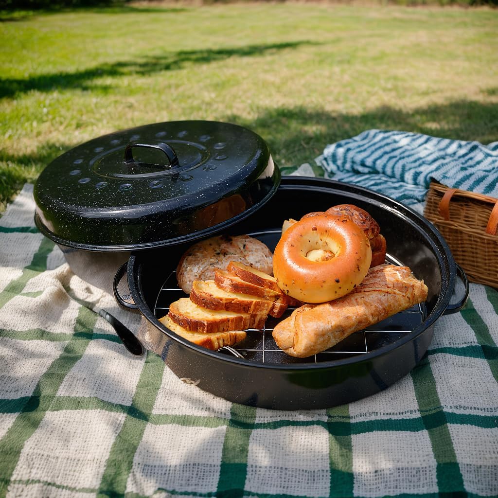 Yammi Tree Oval Roasting Pan with Lid and Rack, 18 Inch, Black