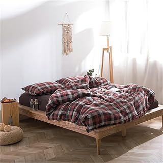 King Size Triple Gauze Duvet Cover Set, 3-Piece Rustic Plaid Bedding in Red & Brown, Soft Breathable Linen-Like 100% Cotton All Season Comforter Cover with Zipper