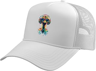 Ostrich Bird with Headphones Colorful Emu Music DJ Ostrich Trucker Hat with Adjustable Mesh Back