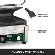 Panini Press with 9.75" x 9.25" Cooking Surface & 120V by Waring – Compact Cooking Surface Machines, Stainless Steel, Silver, Model WPG150