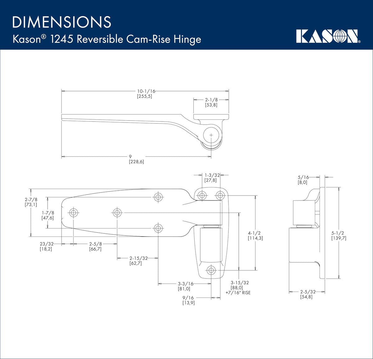 1245 Reversible Cam-Rise Hinge by Kason – Offset: Flush, Nylon, Silver, Model 1245-C000