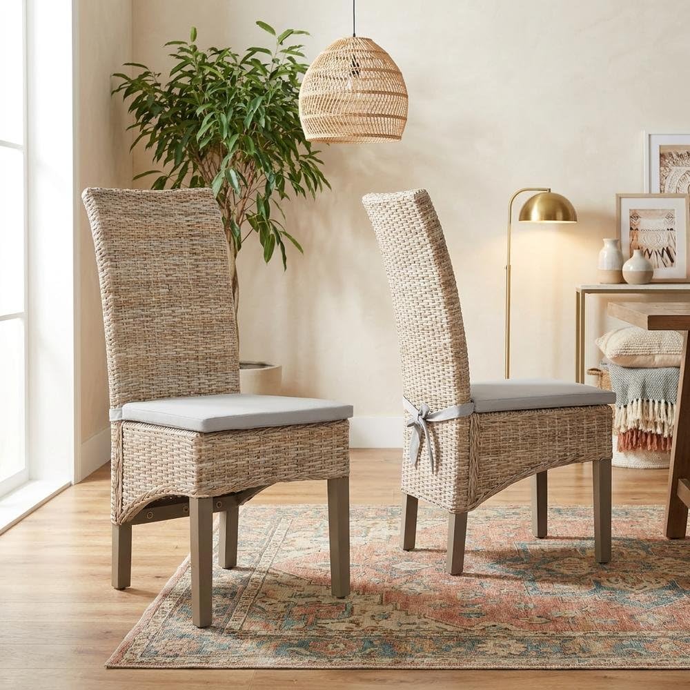 Gray Dining Chairs Set with Modern Design by Furnifact – Mahogany 50.00%,Rattan 40.00%,Polyester 5.00%,Foam 5.00%, Grey, Pack of 2