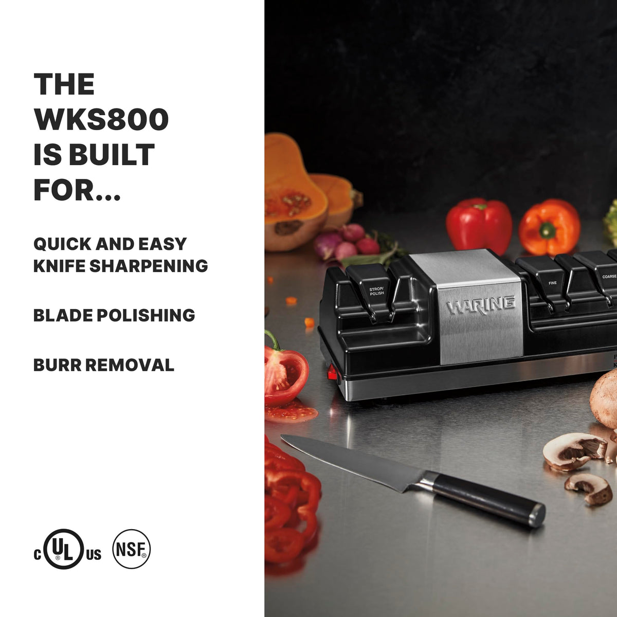 Commercial Professional Knife Sharpener with 3 Stations by Waring – One Size, Plastic, Black, Model WKS800