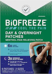 Biofreeze Day & Overnight Pain Relief Patches, Menthol Pain Patches for Arthritis & Muscle Pain Relief, Comfortable & Flexible Fabric Stays in Place, 9 Patches (6 Day, 3 Night)