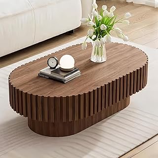 Coffee Tables for Living Room, Oval Fluted Coffee Table, Mesa de Centr | Oval fluted coffee table with pedestal, ideal for living rooms, bedrooms, offices. Mid-century modern wood design.