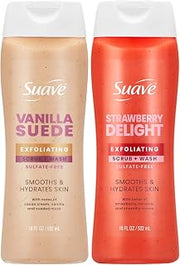 Suave Exfoliating Body Wash & Scrub Strawberry Delight & Vanilla Suede Variety Pack 2-Pack with Glycerin & Vitamin E, Sulfate-Free Hydrating Cleanser for Soft, Smooth Skin, 18 FL OZ EA