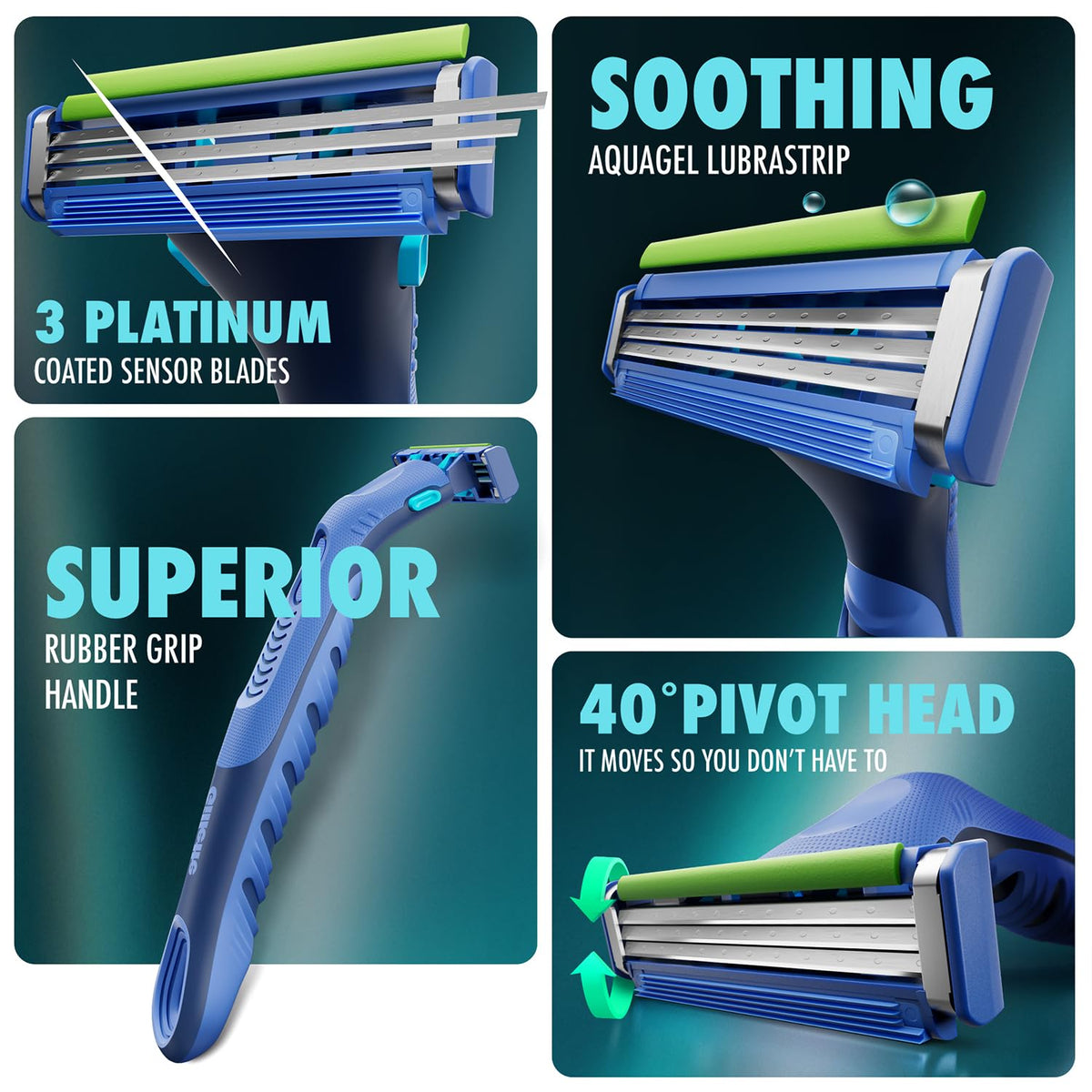 Guard 3in1 Shaving Razor Blade for men - 2 Cartridges + 1 Razor | Smooth Shave | Aqua gel Lubrastrip | 3 Platinum Coated Blades | Rubber Handle Grip | Flexi Head | good for