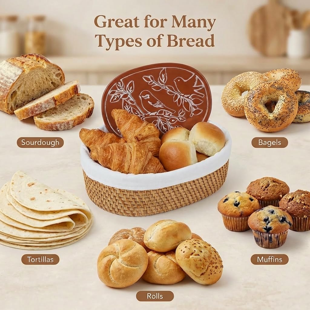 YANGQIHOME Rattan Bread Basket with Warming Stone, 9 x 12.6 x 3.9 Inches, Natural