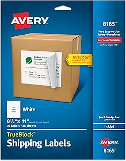 Avery Full-Sheet Printable Shipping Labels, 8.5" x 11" Customizable Stickers, White, 25 Blank Mailing Labels, Great for Mailing, Shipping, Organizing, and More (8165)