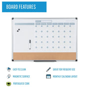 Magnetic Dry Erase Monthly Calendar Planner Push Pin Corkboard Combo with Marker Tray by MasterVision – 18"W x 24"H, Cork, White, Model MB3507186