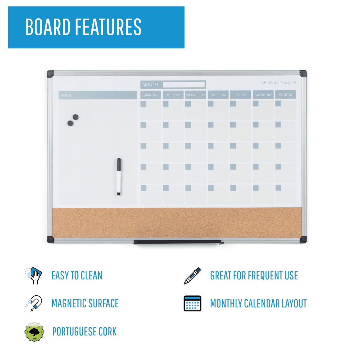 Magnetic Dry Erase Monthly Calendar Planner Push Pin Corkboard Combo with Marker Tray by MasterVision – 18"W x 24"H, Cork, White, Model MB3507186