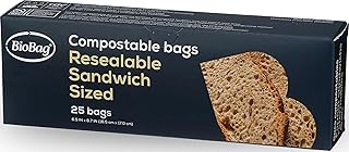 BioBag 100% Certified Compostable Resealable Sandwich Bags, 25 Count, Perfect for Lunches, Snacks, and On The Go Green