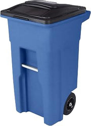 Toter 32 Gal. Blue Trash Can with Quiet Wheels and Attached Black Lid
