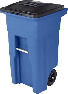 Toter 32 Gal. Blue Trash Can with Quiet Wheels and Attached Black Lid