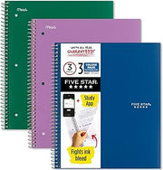 Five Star Spiral Notebooks + Study App, 3 Pack, 3 Subject, College Ruled Paper, 11" x 8-1/2", 150 Sheets, Green, Purple, Blue (38820)