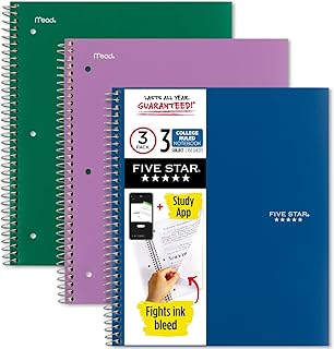 Five Star Spiral Notebooks + Study App, 3 Pack, 3 Subject, College Ruled Paper, 11" x 8-1/2", 150 Sheets, Green, Purple, Blue (38820)