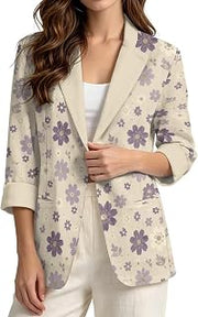 Womens Linen Like Blazer One Button Cuffed 3/4 Sleeve Lightweight Casual Suit Jacket