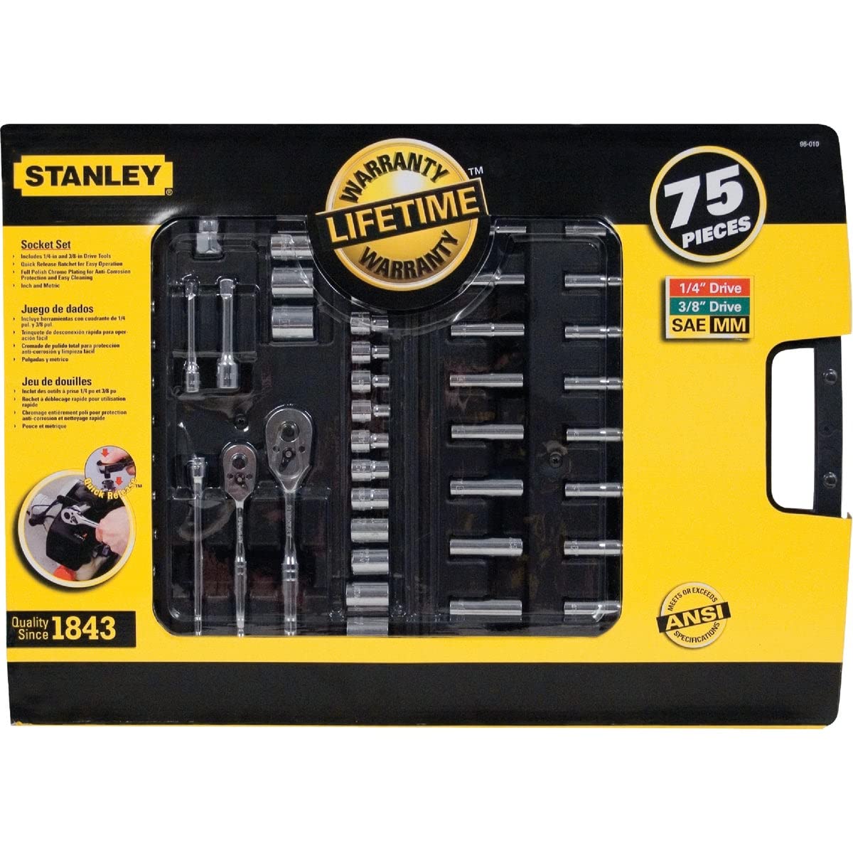 75-Piece Mechanics Tool Set by STANLEY – One Size, Steel with chrome plating, Black, Model 96-010