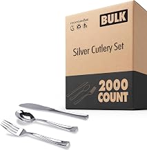 Silver Plastic Silverware Set 2400 Pack Disposable Heavy Duty Cutlery with Forks Knives and Spoons for Parties Weddings Dinners and Holidays